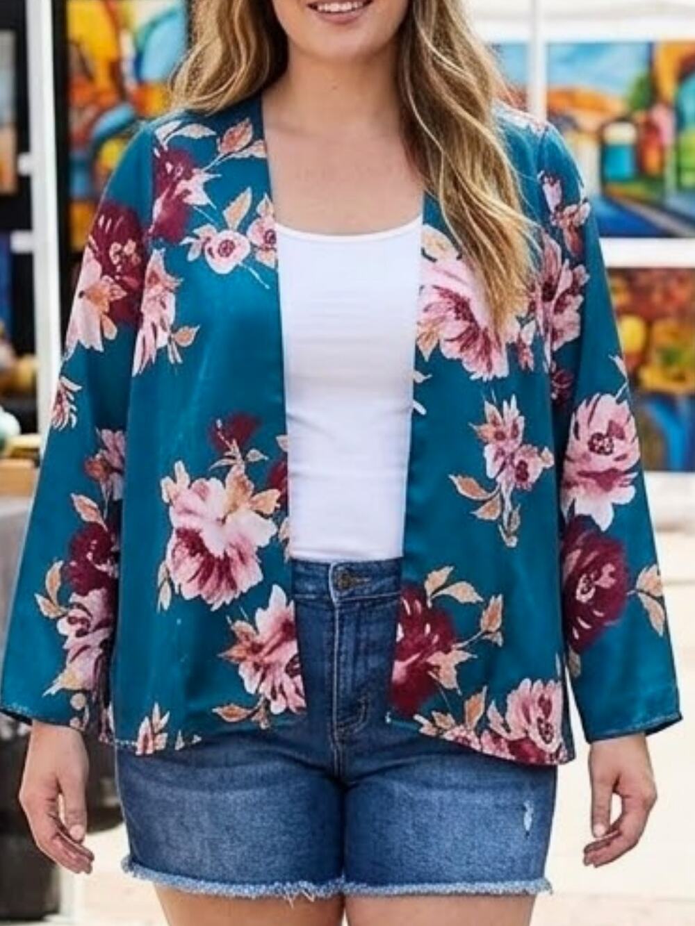TORRID Teal Floral Satin Kimono 00/0 M/L | Boho Layering Cardigan